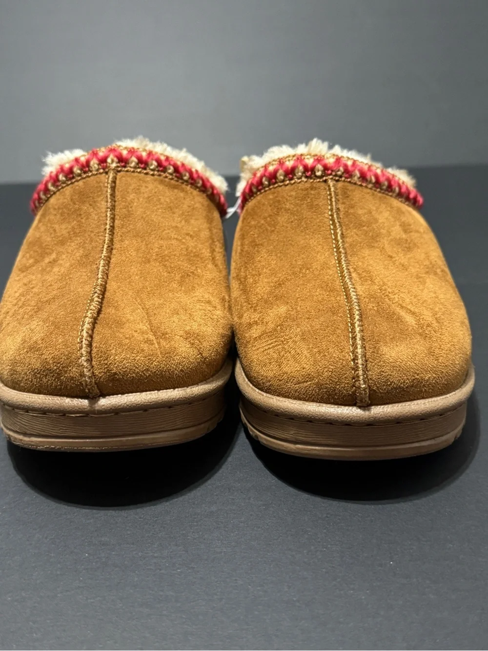 Kohl's Kids Faux-Suede Pembroke Slip-On Slippers in Chestnut with Red Trim